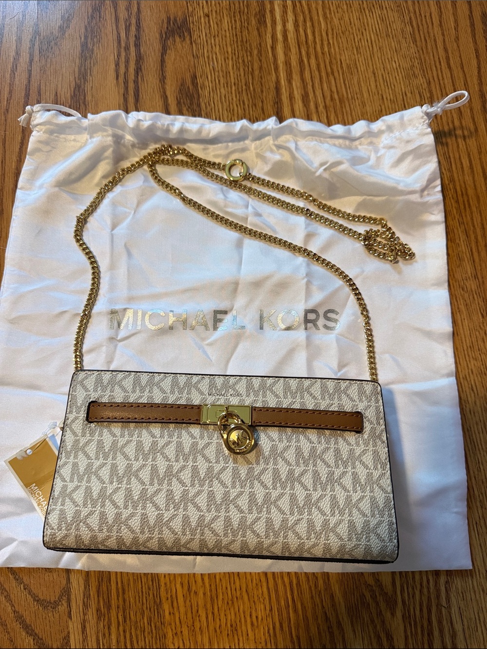 Michael Kors White MK Logo Crossbody with Tan Trim and Gold Chain